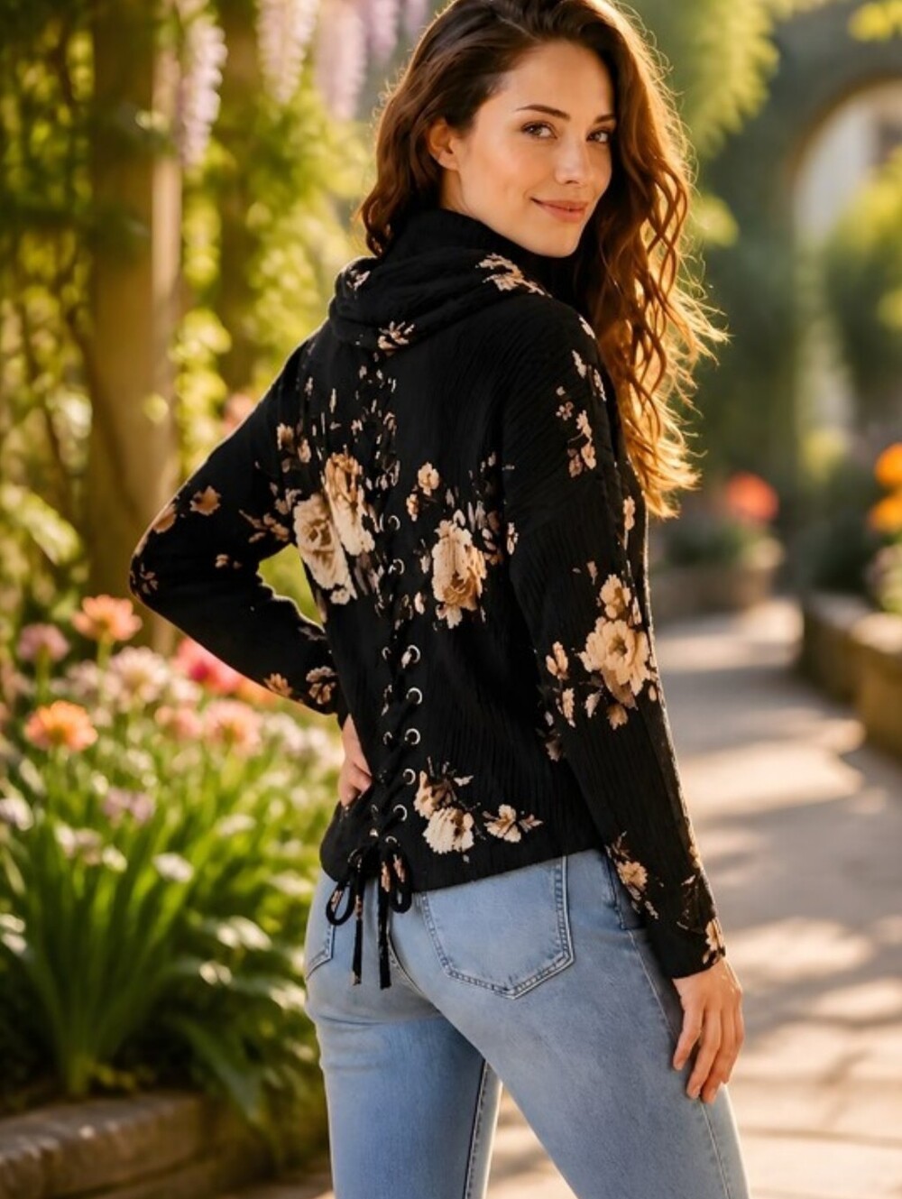 Maurices Black Floral Cowl Neck Sweater Extra Small Lace Up Back